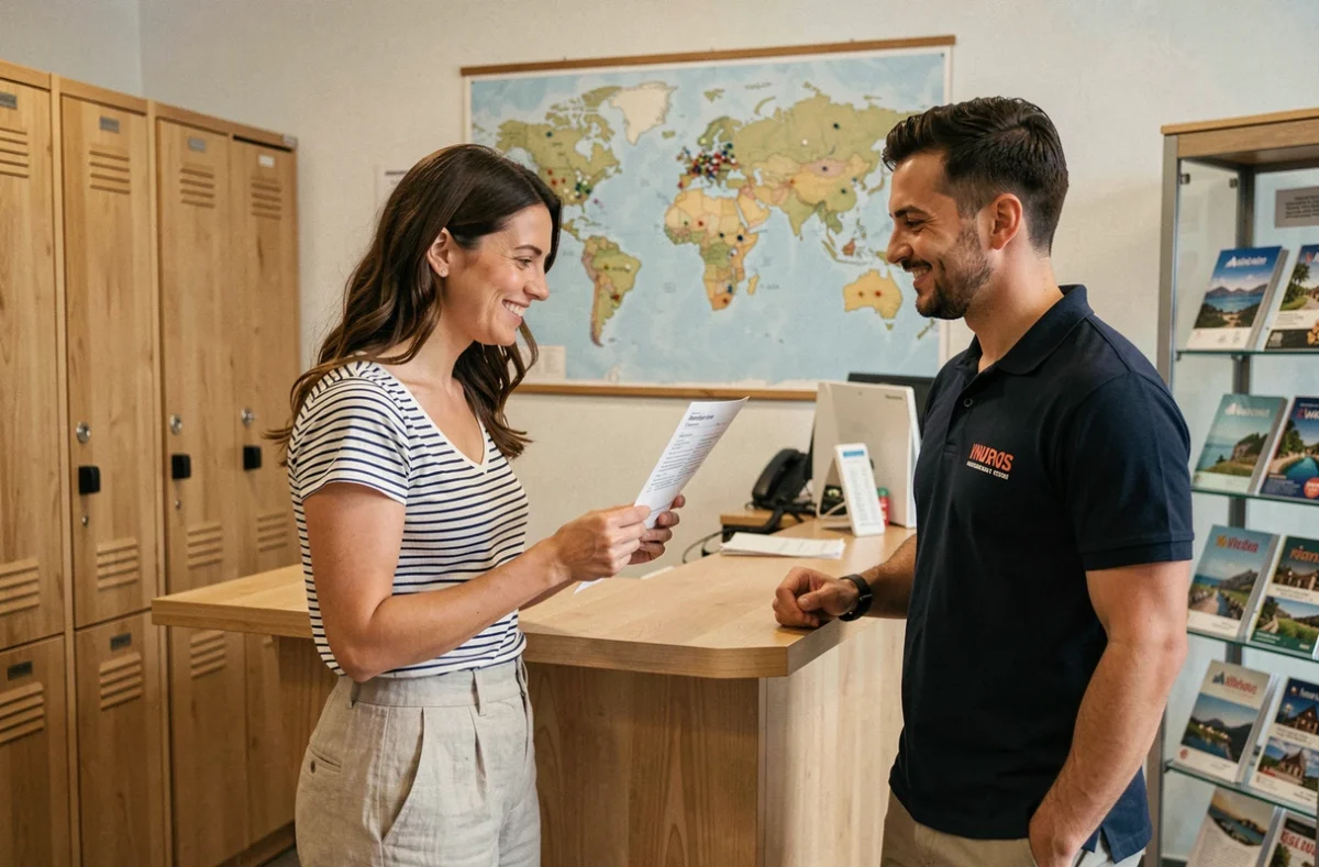 Voyageuse solo accueillie à la réception d'une auberge moderne par un réceptionniste bienveillant
