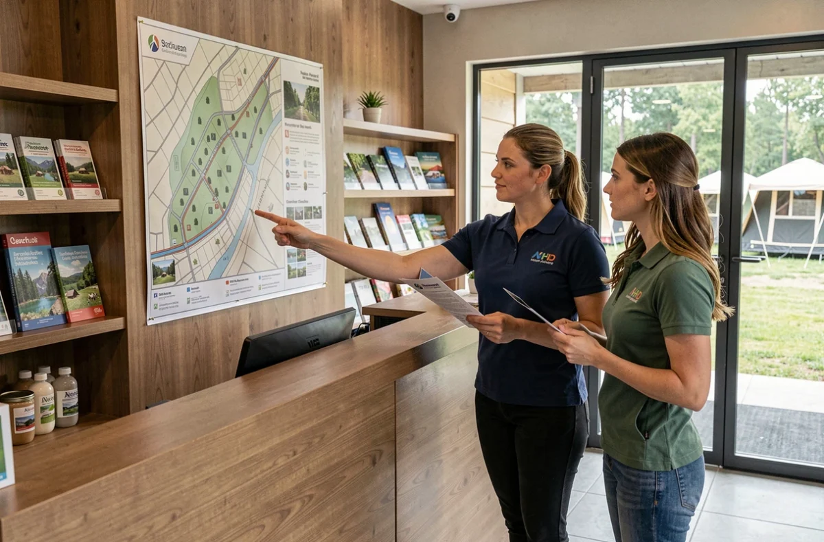 Accueil d'un camping haut de gamme avec une employée présentant la carte du camping à une cliente à la réception