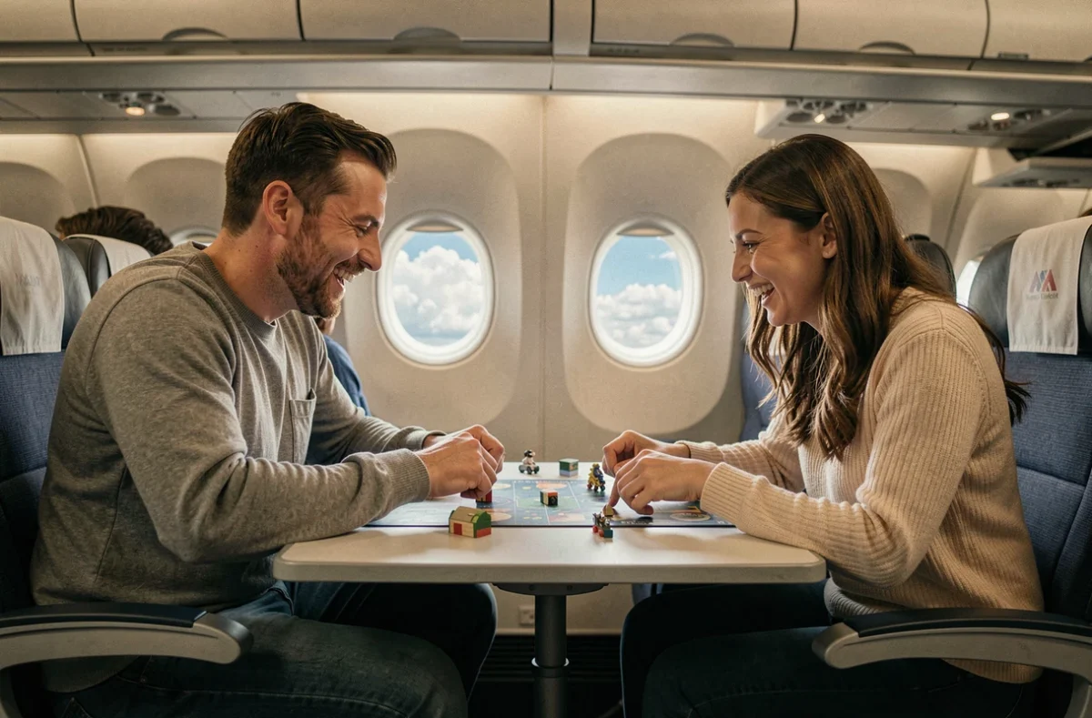 Deux amis jouant à un jeu de société en avion pour passer le temps lors d'un long vol
