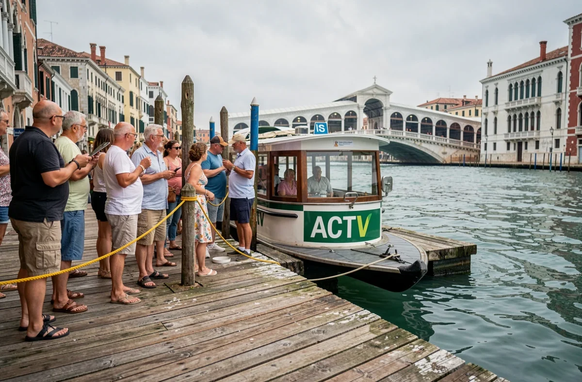 Arrêt de vaporetto bondé au Rialto avec le célèbre pont en arrière-plan à Venise