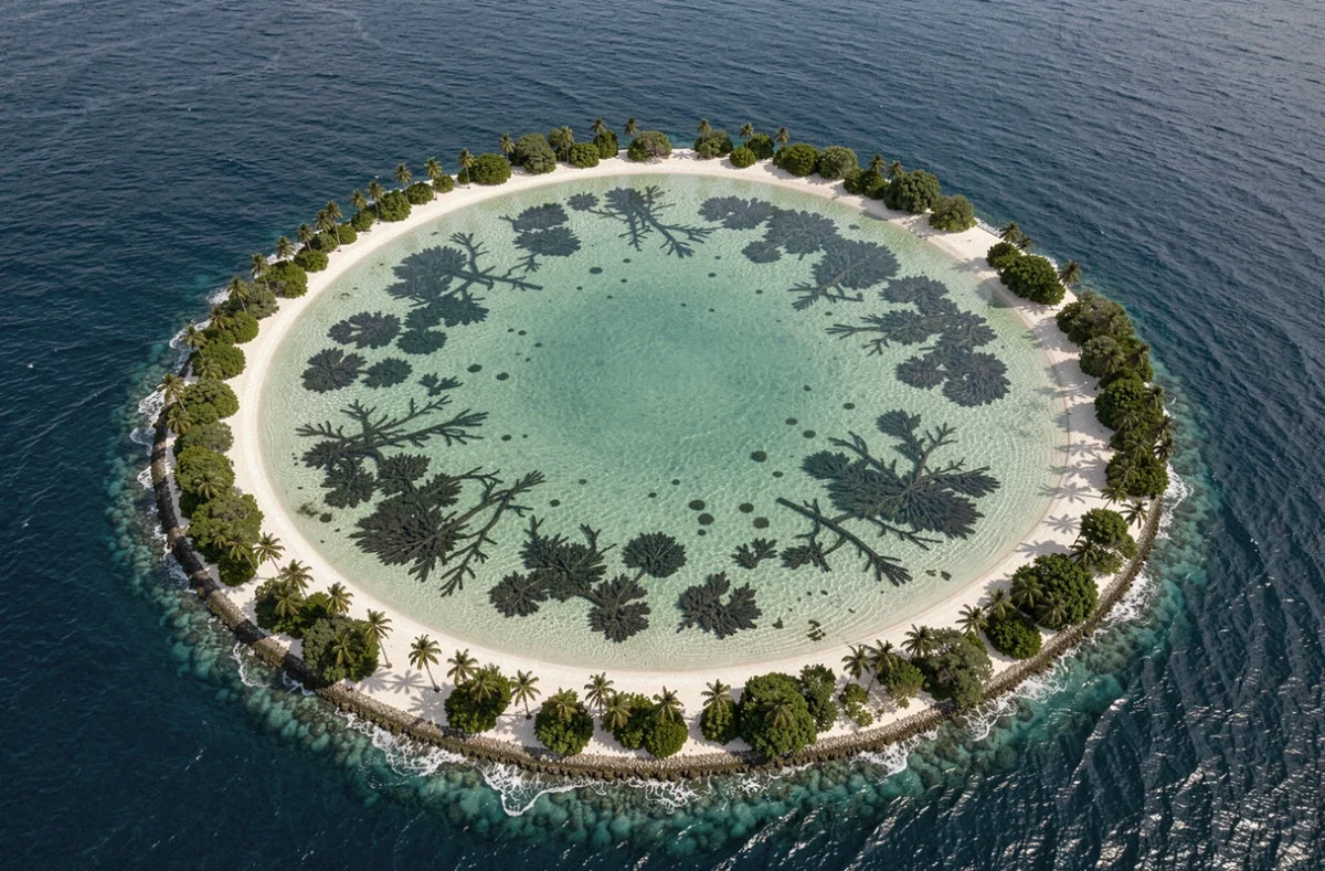 Vue aérienne d'un atoll complet avec son lagon central et ses îlots coralliens en anneau
