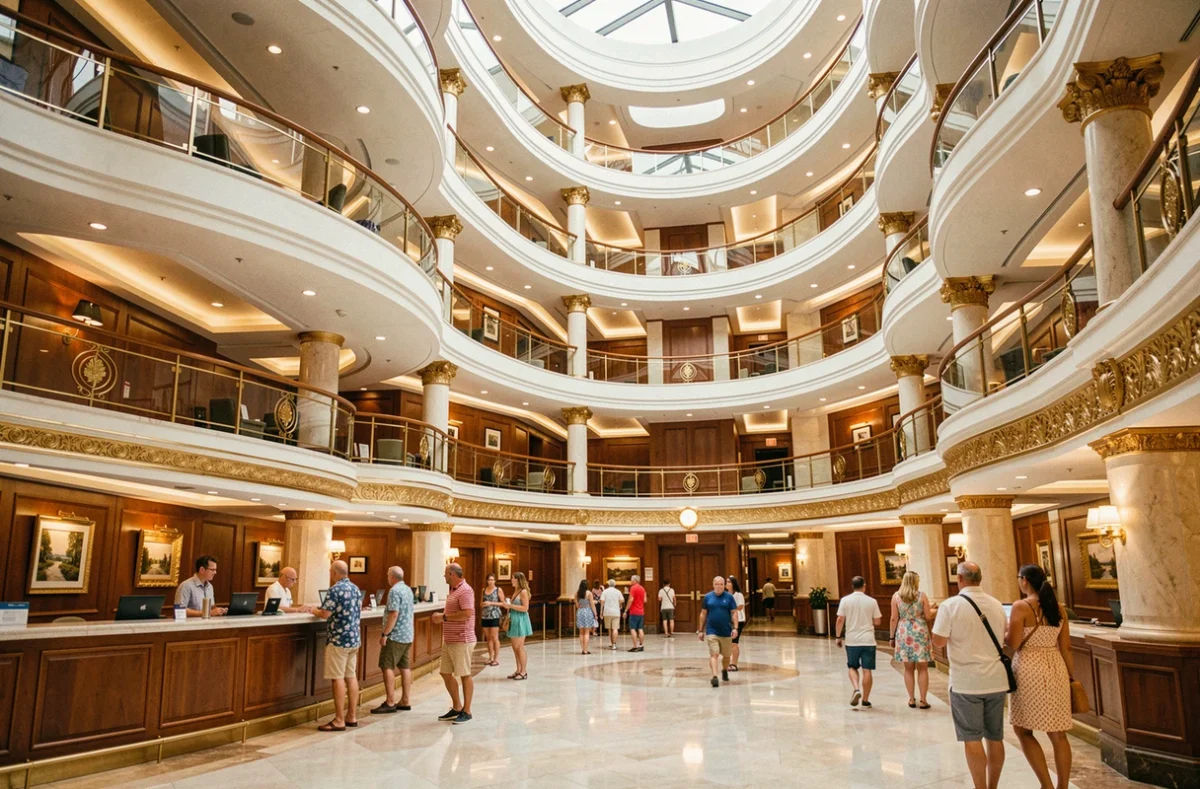 Atrium intérieur luxueux d'un bateau Costa Cruises avec balcons en courbe et décoration italienne sur plusieurs ponts