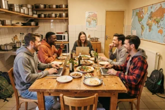 Groupe de jeunes voyageurs internationaux partageant un repas convivial dans la cuisine commune d'une auberge de jeunesse
