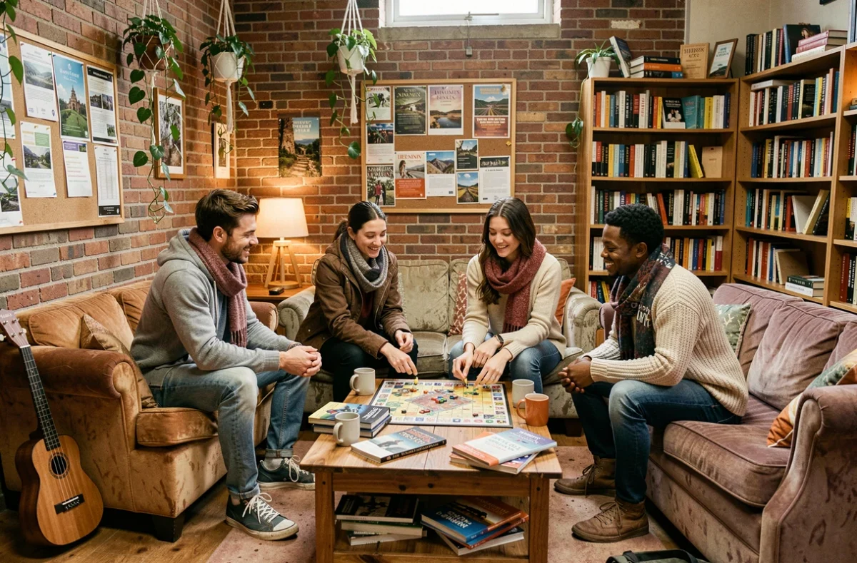 Groupe de voyageurs internationaux jouant à un jeu de société dans le salon commun d'une auberge de jeunesse cosmopolite