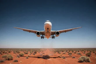 Avion de ligne survolant l'outback australien avec son sol rouge ocre caractéristique vu depuis le sol