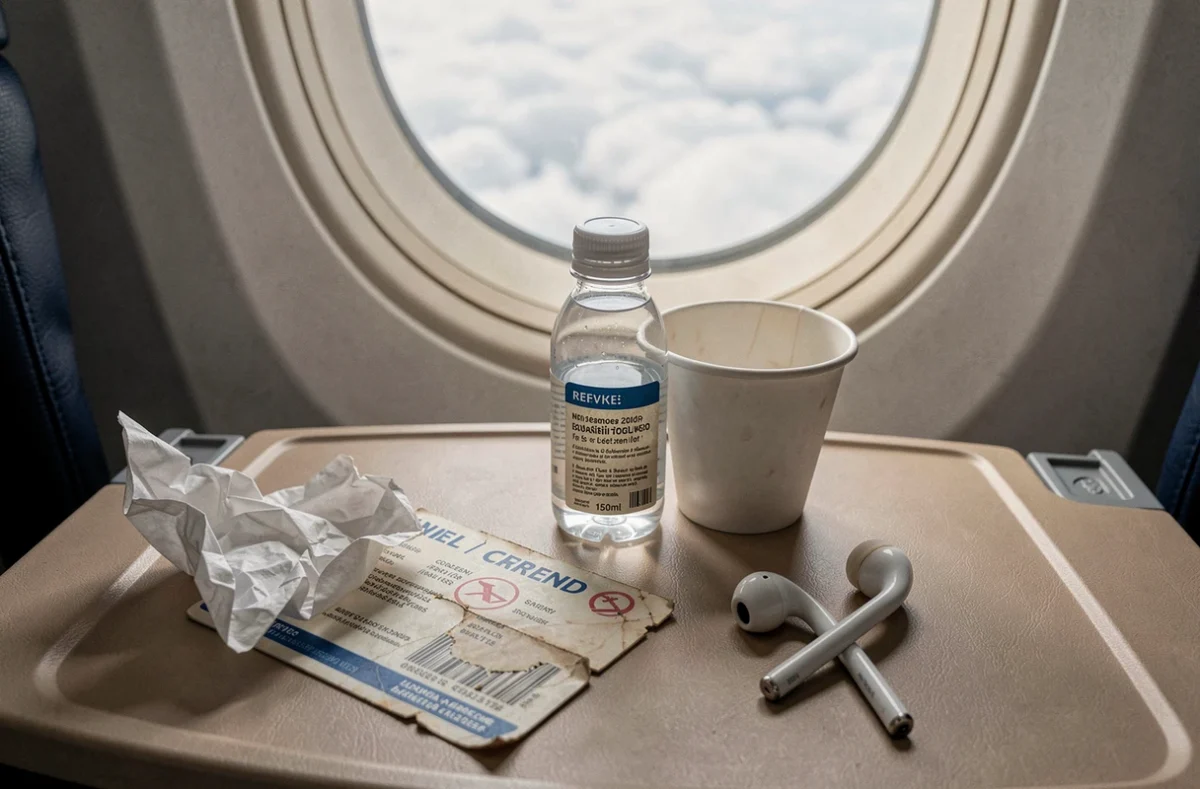 Petite bouteille d'eau et gobelet vide sur la tablette d'un siège d'avion