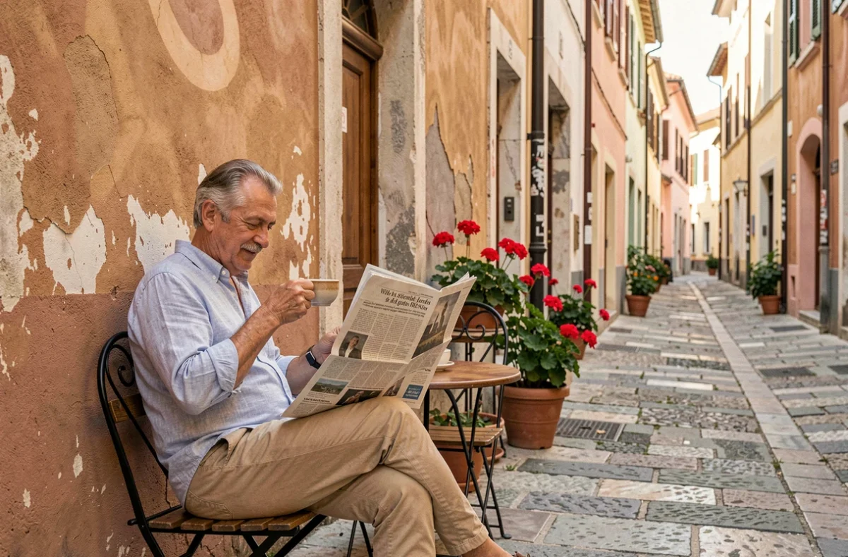 Homme savourant un café en terrasse dans une ville des Balkans, symbole du mode de vie abordable dans les pays européens les moins coûteux