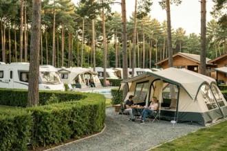 Camping 4 étoiles avec emplacements spacieux, mobil-homes et piscine, entouré de pins et d'allées soignées