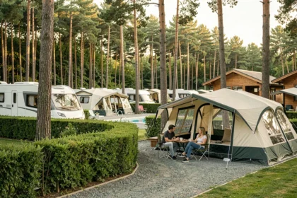 Camping 4 étoiles avec emplacements spacieux, mobil-homes et piscine, entouré de pins et d'allées soignées