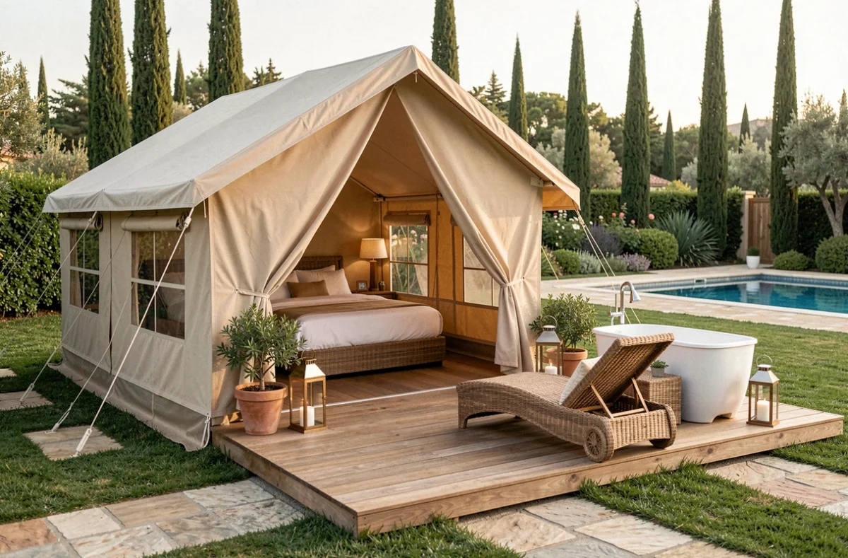 Tente de glamping 5 étoiles avec terrasse privée, mobilier haut de gamme et baignoire extérieure dans un camping luxueux