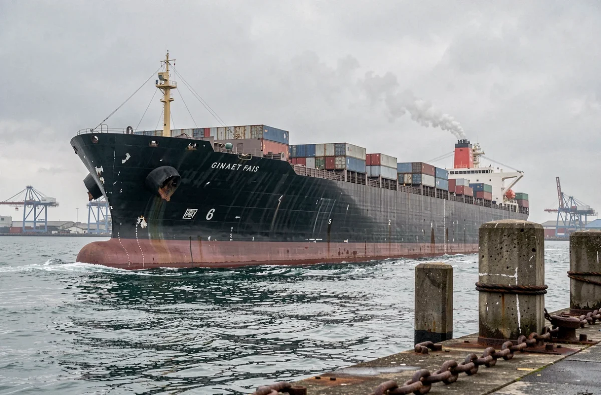 Cargo maritime géant dans un port industriel, symbolisant la pollution des transports maritimes et leur empreinte carbone