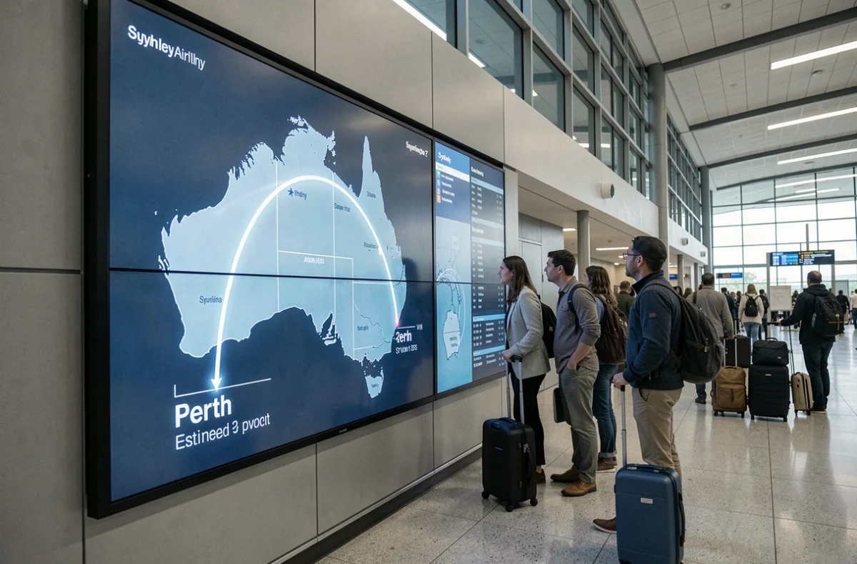 Carte de vol interactive en aéroport affichant la durée de traversée de l'Australie avec des voyageurs qui l'observent