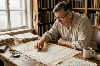 Cartographe examinant une ancienne carte marine avec des zones océaniques inexplorées sur un bureau en chêne