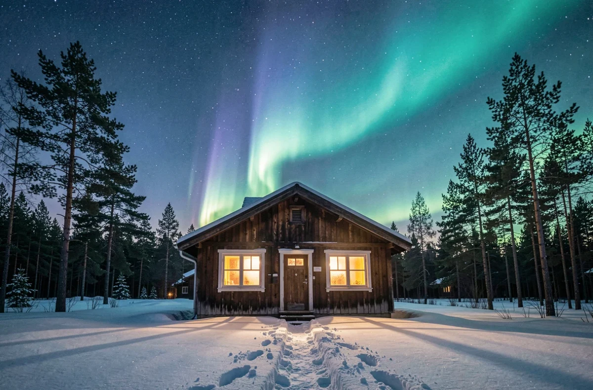 Chalet scandinave en bois sous une aurore boréale verte et bleue avec ciel étoilé et forêt de pins enneigés