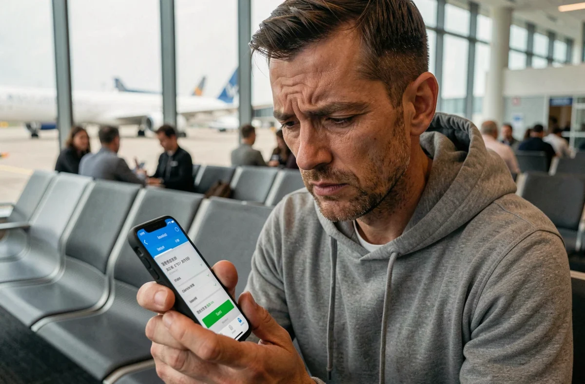 Homme consultant une application mobile pour changer un billet dans une salle d'attente d'aéroport