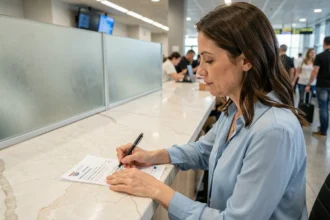 Femme remplissant un formulaire de changement de billet à un comptoir d'aéroport
