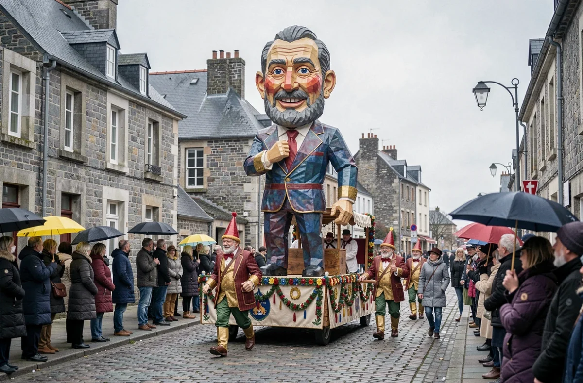 Char allégorique en papier-mâché au Carnaval de Granville avec foule de spectateurs normands
