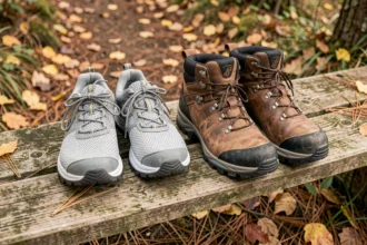 Comparaison côte à côte d'une chaussure de marche légère et d'une chaussure de randonnée robuste posées sur un banc en bois en forêt