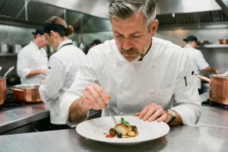 Chef professionnel en train de dresser un plat gastronomique avec soin dans une cuisine de restaurant étoilé