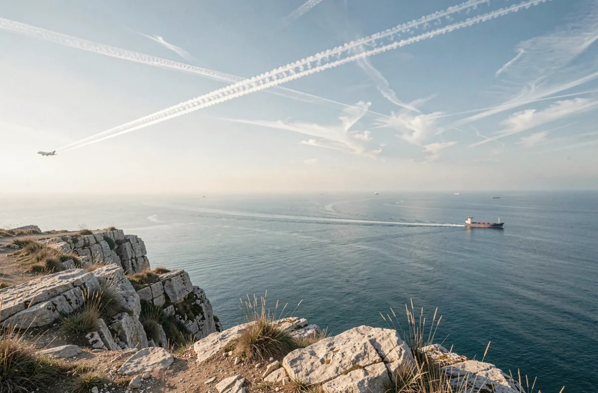 Comparaison visuelle entre traînée de condensation d'avion et sillage de cargo maritime depuis une falaise côtière, illustrant le débat sur la pollution transport