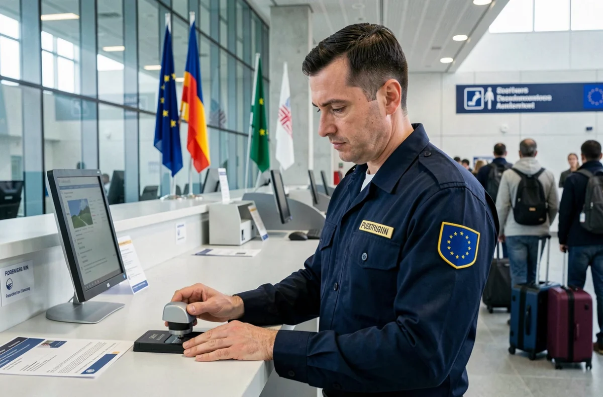 Agent des douanes européen tamponant un passeport dans un terminal de contrôle aux frontières de l'espace Schengen