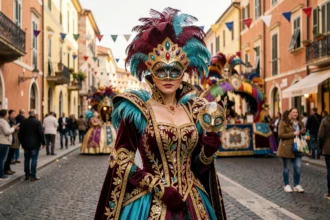 Femme en costume vénitien élaboré au Carnaval de Nice avec masque doré et plumes colorées