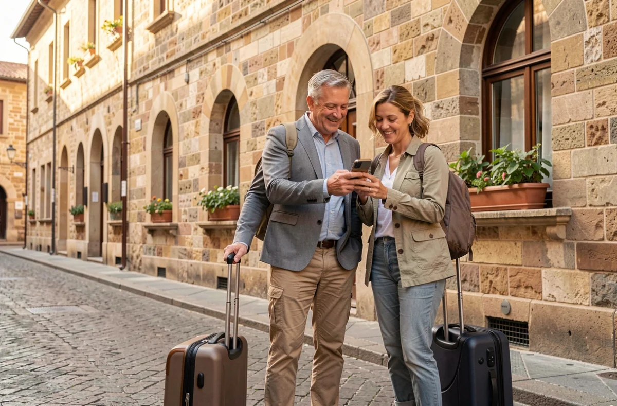 Couple de voyageurs adultes consultant un itinéraire EF Tours sur smartphone dans une rue européenne pavée