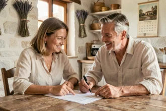 Couple consultant un contrat de location saisonnière dans un gîte provençal en été