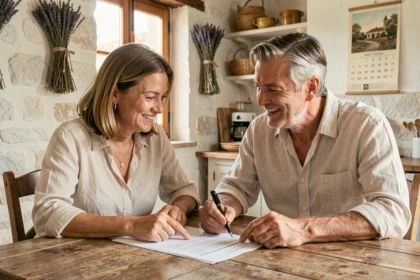 Couple consultant un contrat de location saisonnière dans un gîte provençal en été