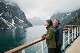Couple sur le pont d'un bateau de croisière admirant un fjord norvégien avec falaises enneigées et eau émeraude