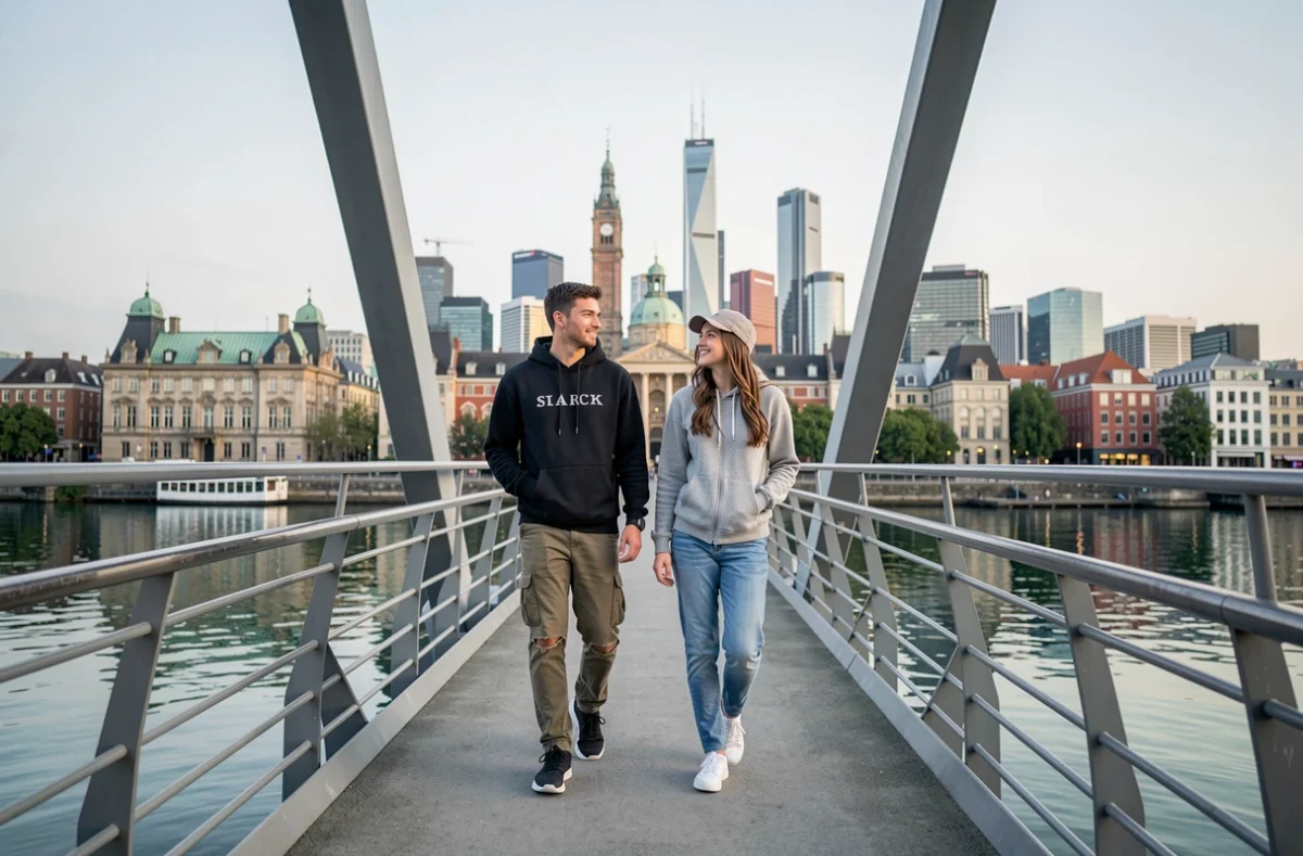 Couple découvrant une ville moderne depuis un pont piétonnier avec vue sur les toits et la rivière
