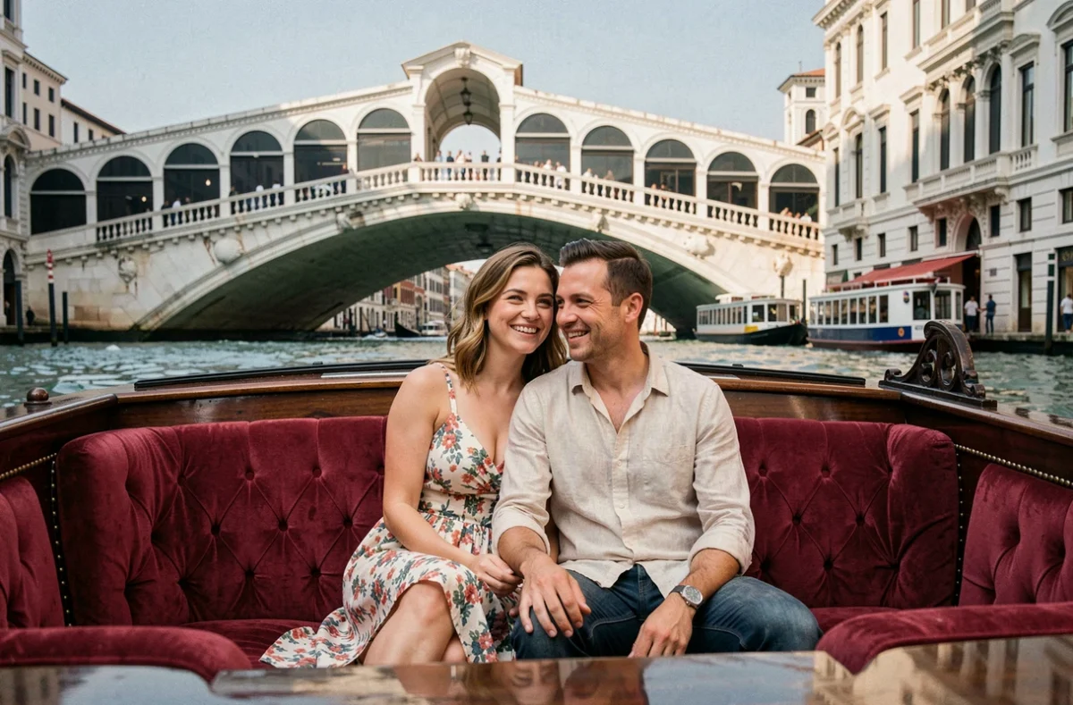 Couple souriant assis dans une gondole passant sous le pont du Rialto à Venise avec coussins en velours rouge