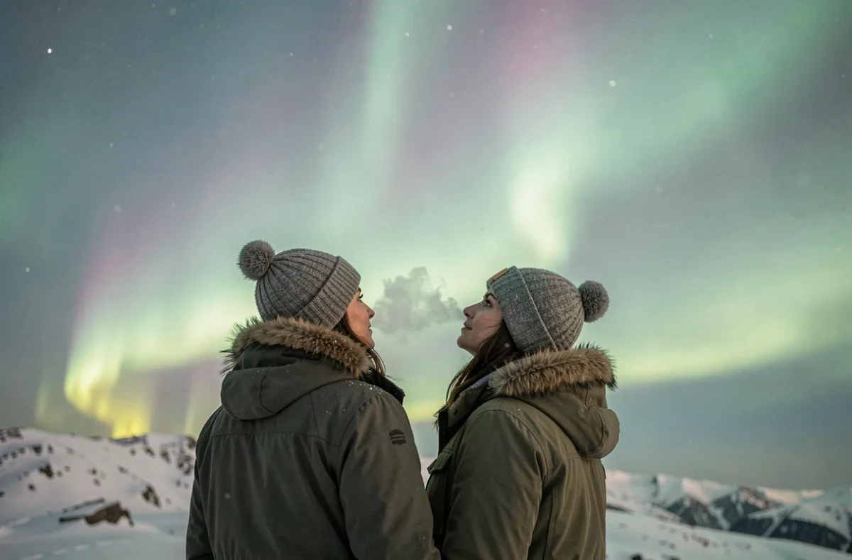 Couple observant une aurore boréale depuis une colline enneigée en Laponie lors d'une nuit hivernale