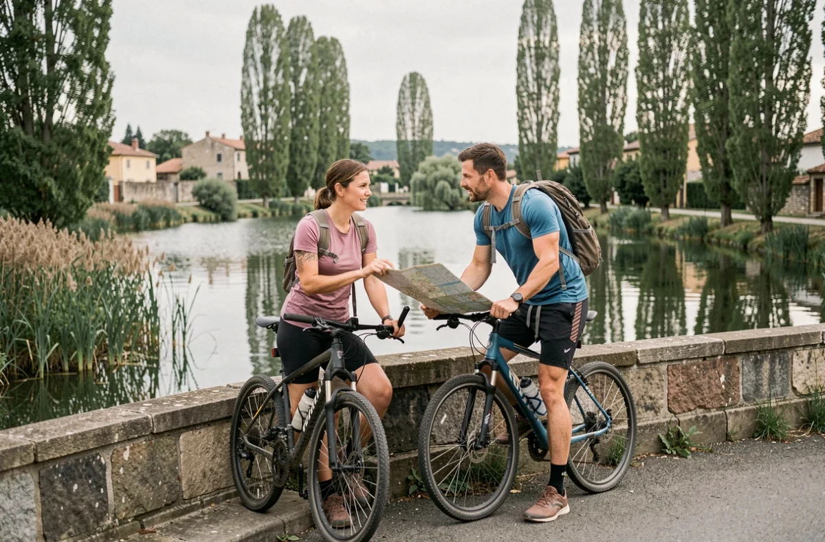 Couple de cyclistes faisant une pause sur un pont de la ViaRhôna avec vue sur un lac et un village provençal