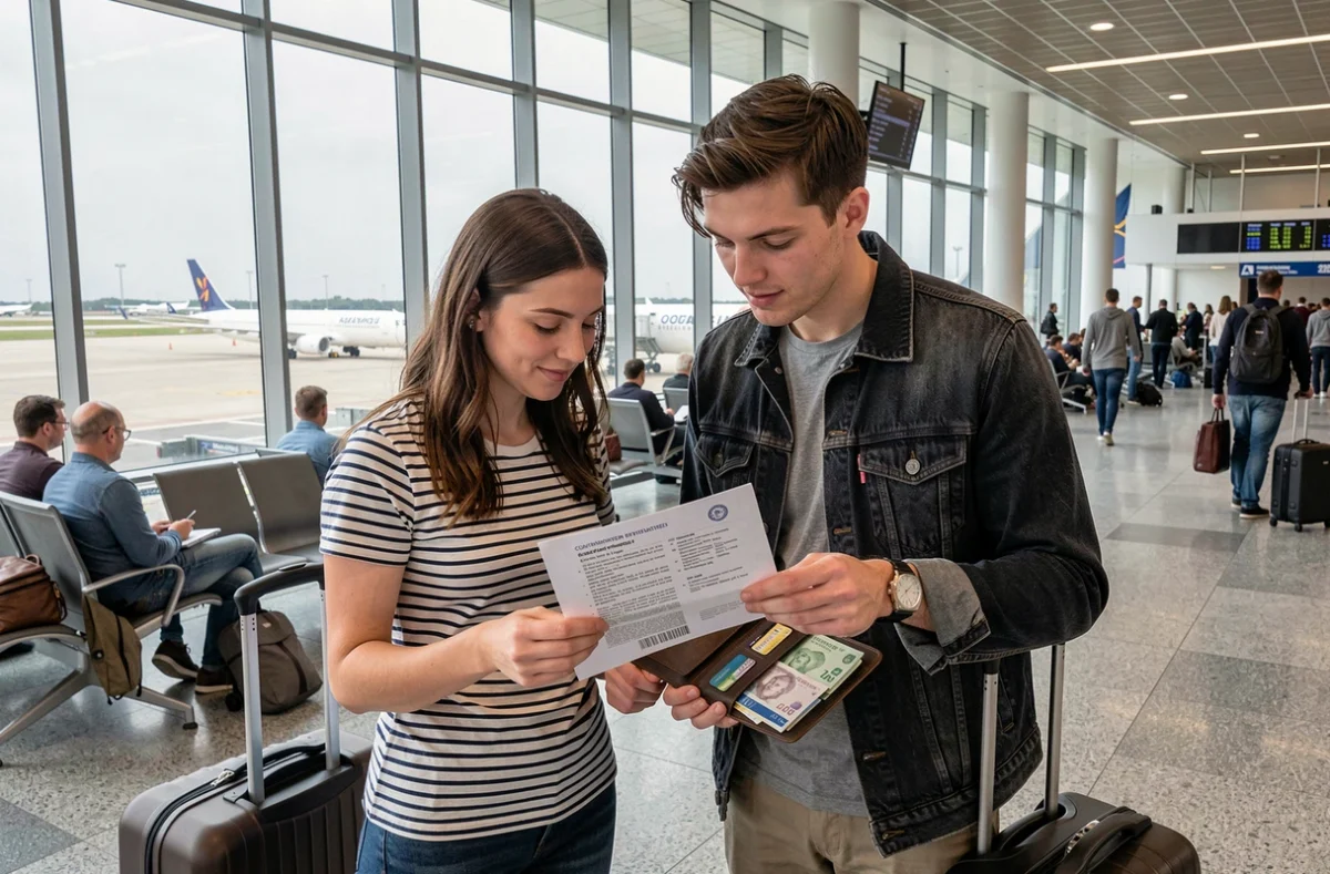 Couple consultant les réglementations douanières sur les espèces avant un vol international