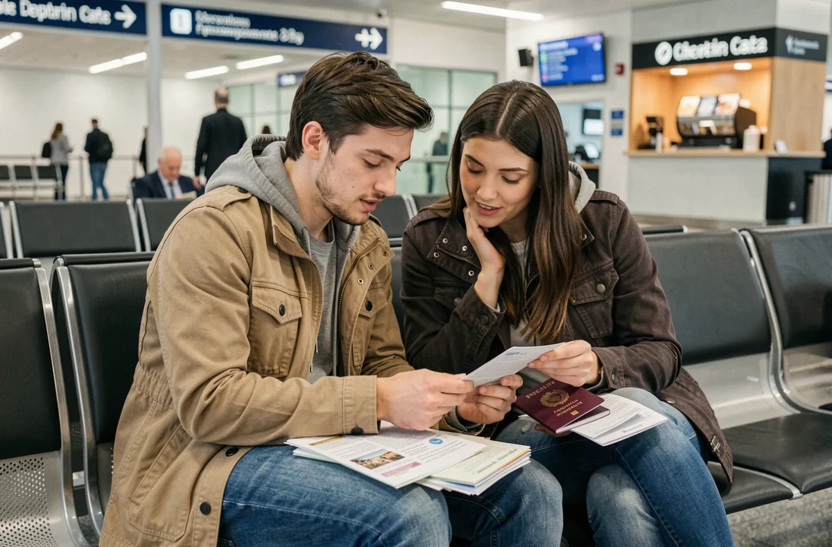 Couple de voyageurs vérifiant leurs documents d'enregistrement avant de prendre l'avion