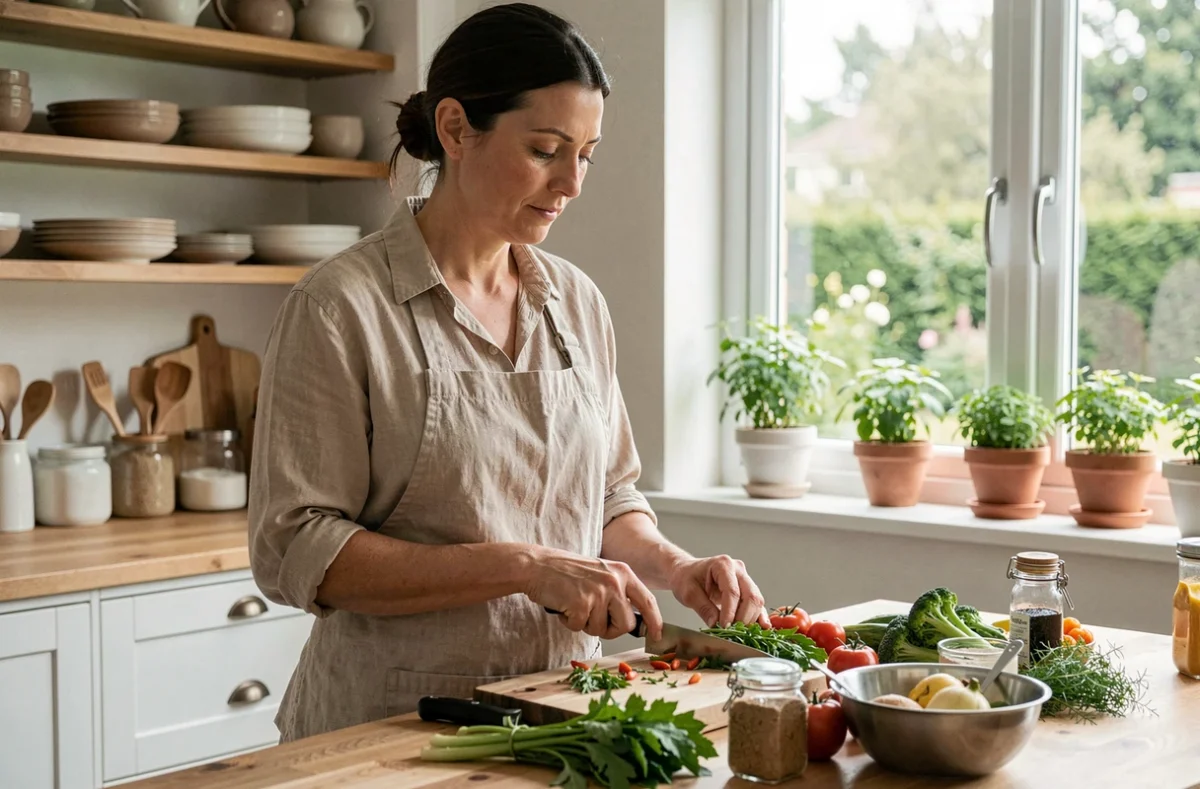 Femme préparant un repas gastronomique maison avec des ingrédients frais et de saison dans une cuisine moderne