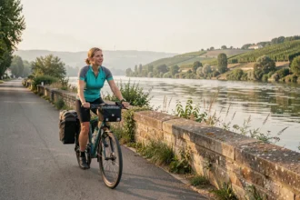 Cycliste sur la ViaRhôna longeant le Rhône avec vue sur les vignes et les collines du sud de la France