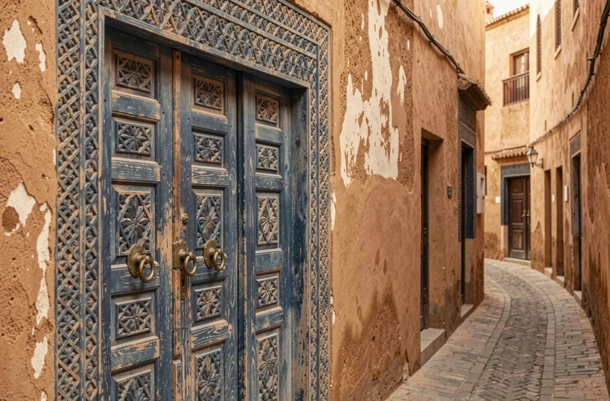 Façade d'un dar traditionnel dans la médina de Fès avec porte en cèdre sculpté et mur en tadelakt ocre