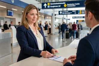 Femme déclarant des espèces à la douane d'un aéroport international