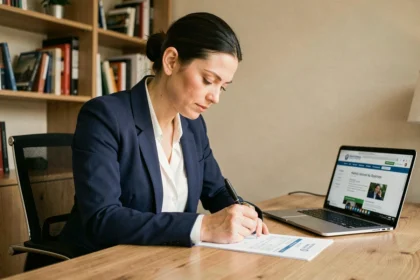 Femme qui remplit un formulaire de demande de visa à son bureau à domicile