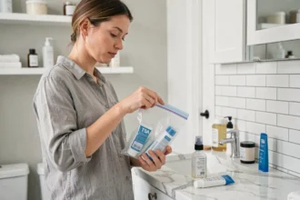 Femme préparant un sac de liquides transparent avec un tube de dentifrice voyage pour passer en avion