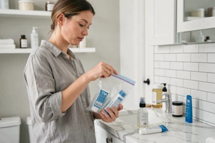 Femme préparant un sac de liquides transparent avec un tube de dentifrice voyage pour passer en avion