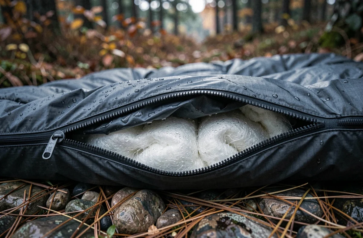 Gros plan sur l'intérieur humide et l'isolation compressée d'un sac de couchage ouvert posé sur le sol en forêt, illustrant la perte de chaleur