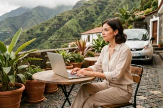 Digital nomad en télétravail sur la terrasse d'un café à Madère avec une voiture de location visible en arrière-plan