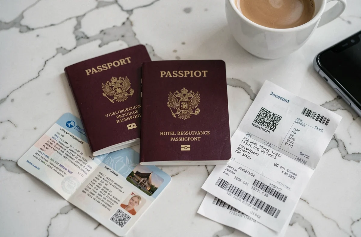 Vue aérienne des documents nécessaires pour un voyage international, passeport, visa, assurance et réservations, sur une surface en marbre