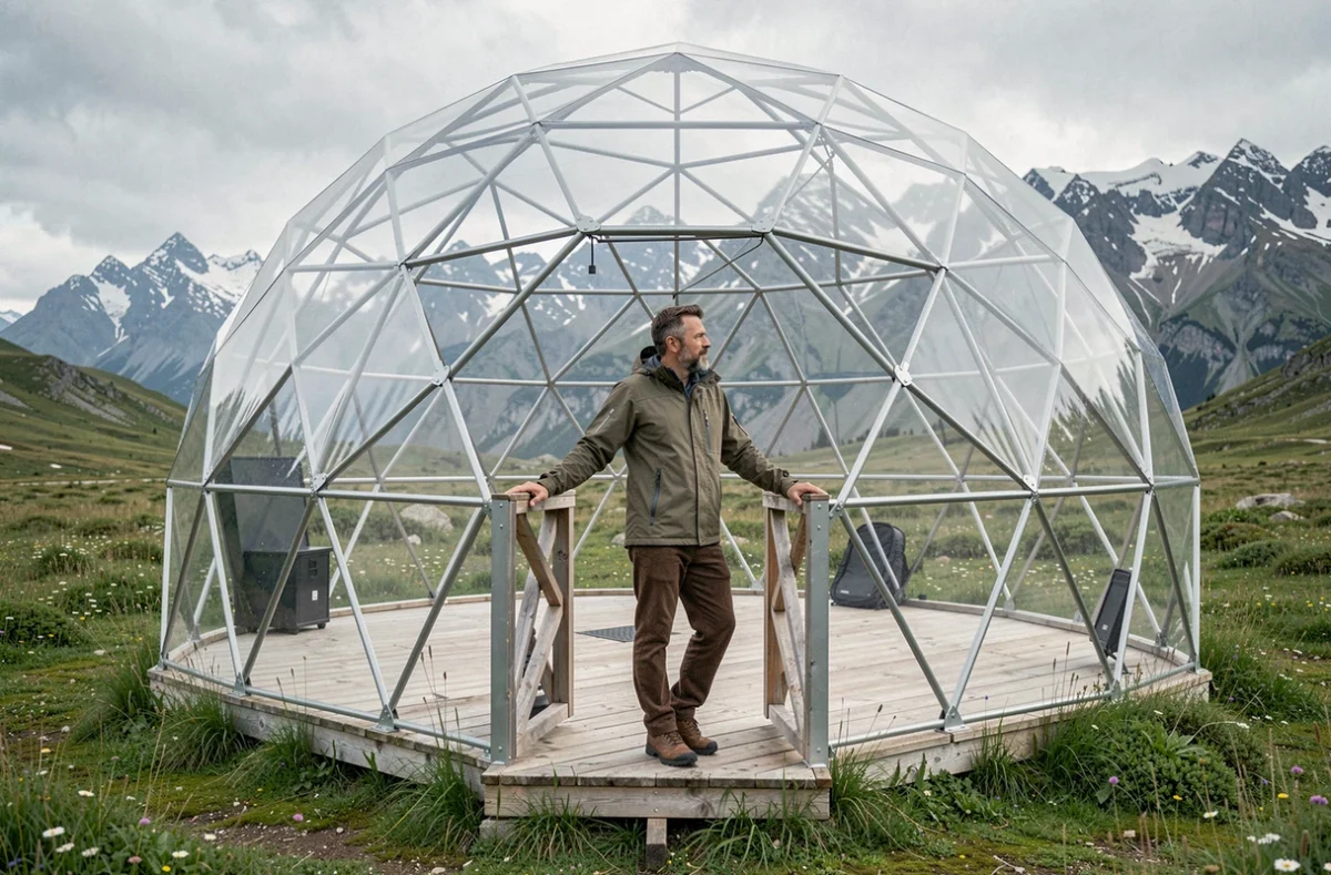 Homme admirant le paysage de montagne depuis le deck d'un dôme géodésique en pleine nature
