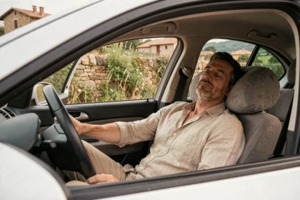 Homme dormant dans sa voiture garée en bord de route en Italie, appuie-tête avec coussin de voyage