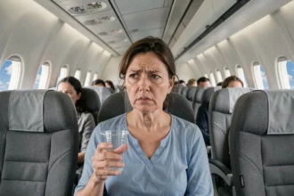 Femme tenant un verre vide dans un avion en attente d'eau potable