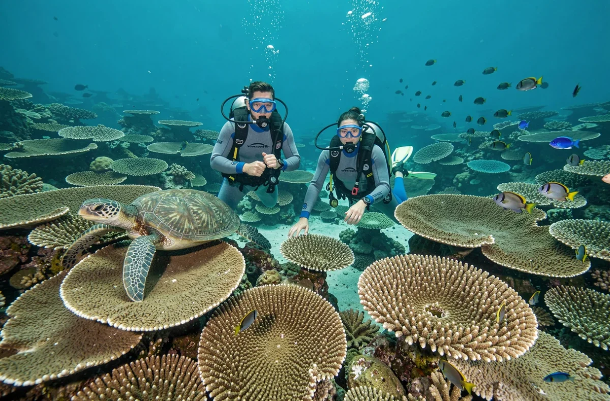 Deux plongeurs explorant un jardin corallien peu profond avec des tortues marines dans la Grande Barrière de corail